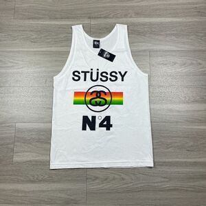 Stussy Tank Top Mens Small White Rasta Beach Surf Hype Striped